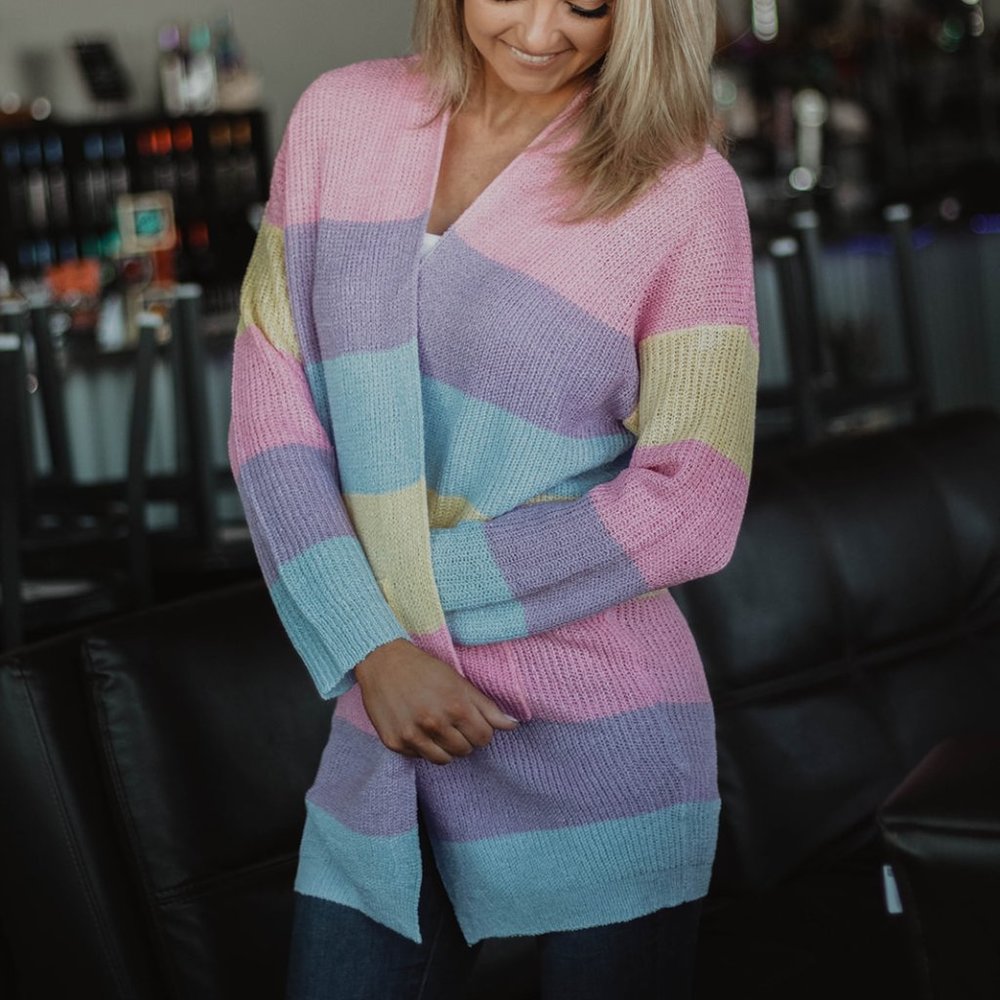 Pink Multi Color Striped Open Front Cardigan